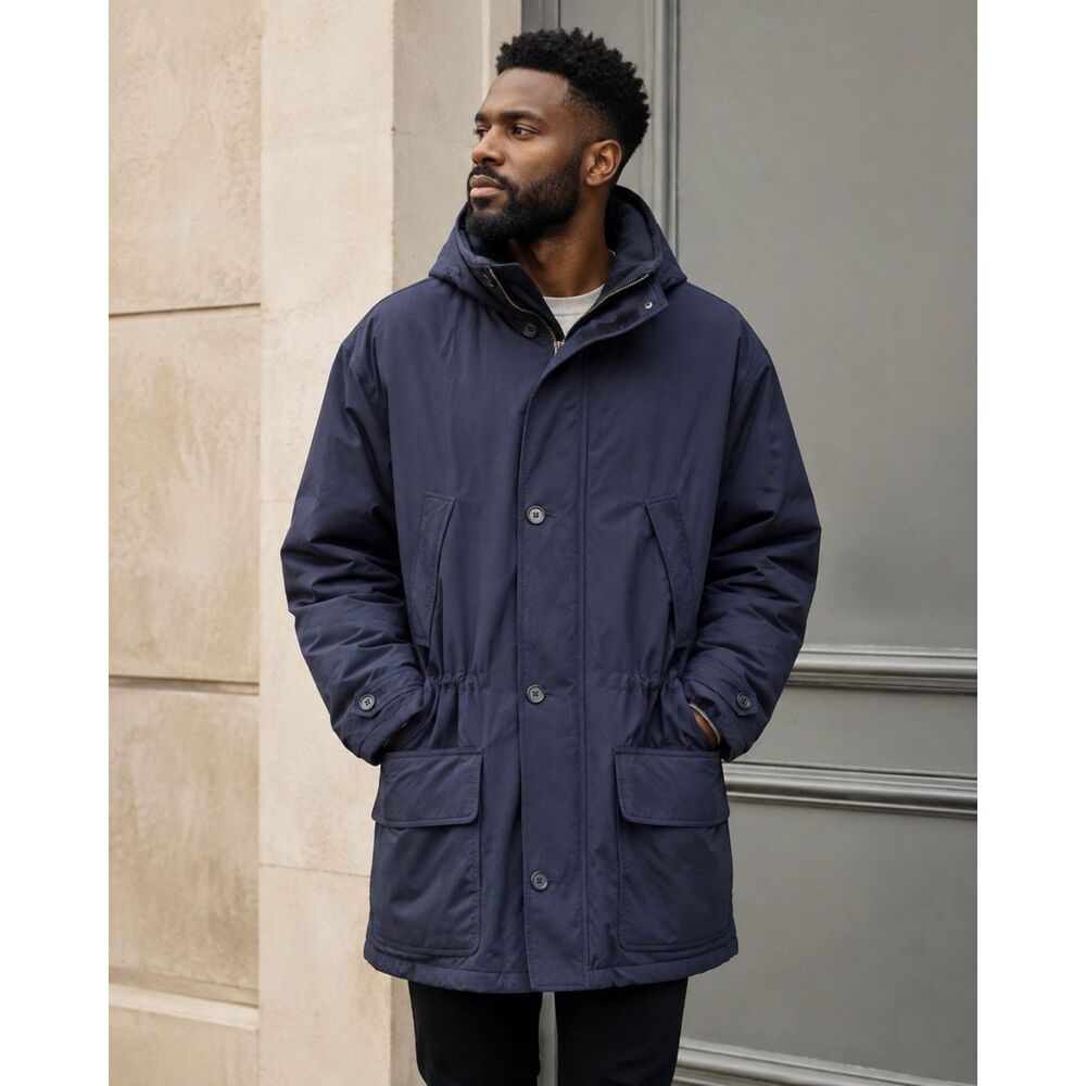 Brooks Brothers Navy Field Coat Wool Blend Lined Hidden Hood Made in Canada